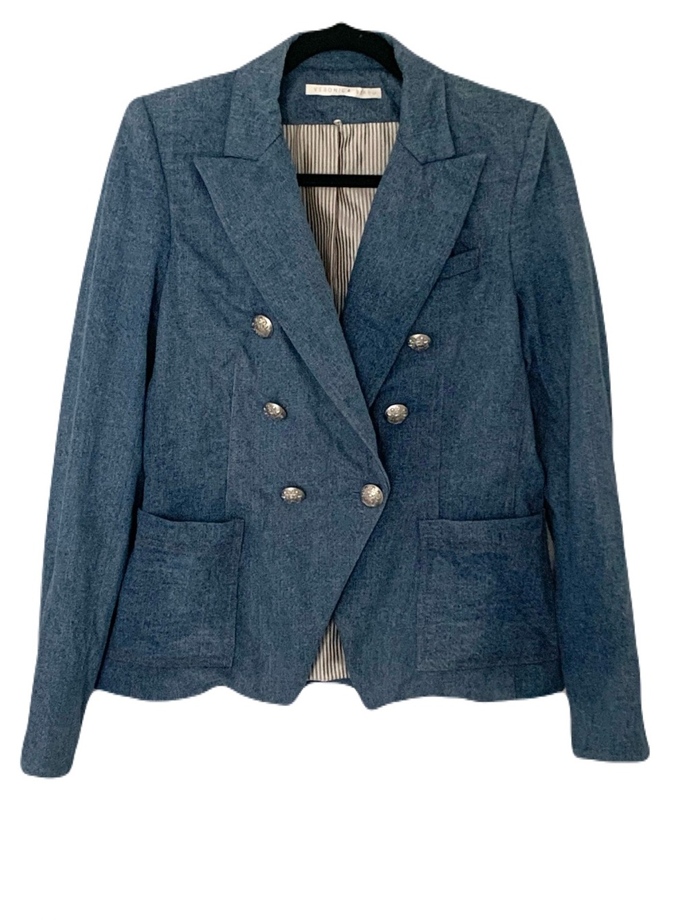 Veronica Beard Medium Blue Double-Breasted Zip Front Blazer Silver Buttons